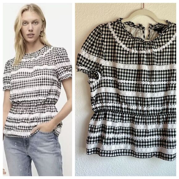 J.Crew Women's Daisy-Chain Peplum Top in Gingham in Black & White - Size L - Picture 1 of 15